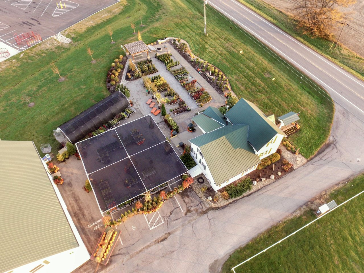 Aerial photograph of 1st Impression's building and garden center